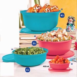 Vintage Tupperware Aloha Bowl Set of 4 Red & Turquoise Color